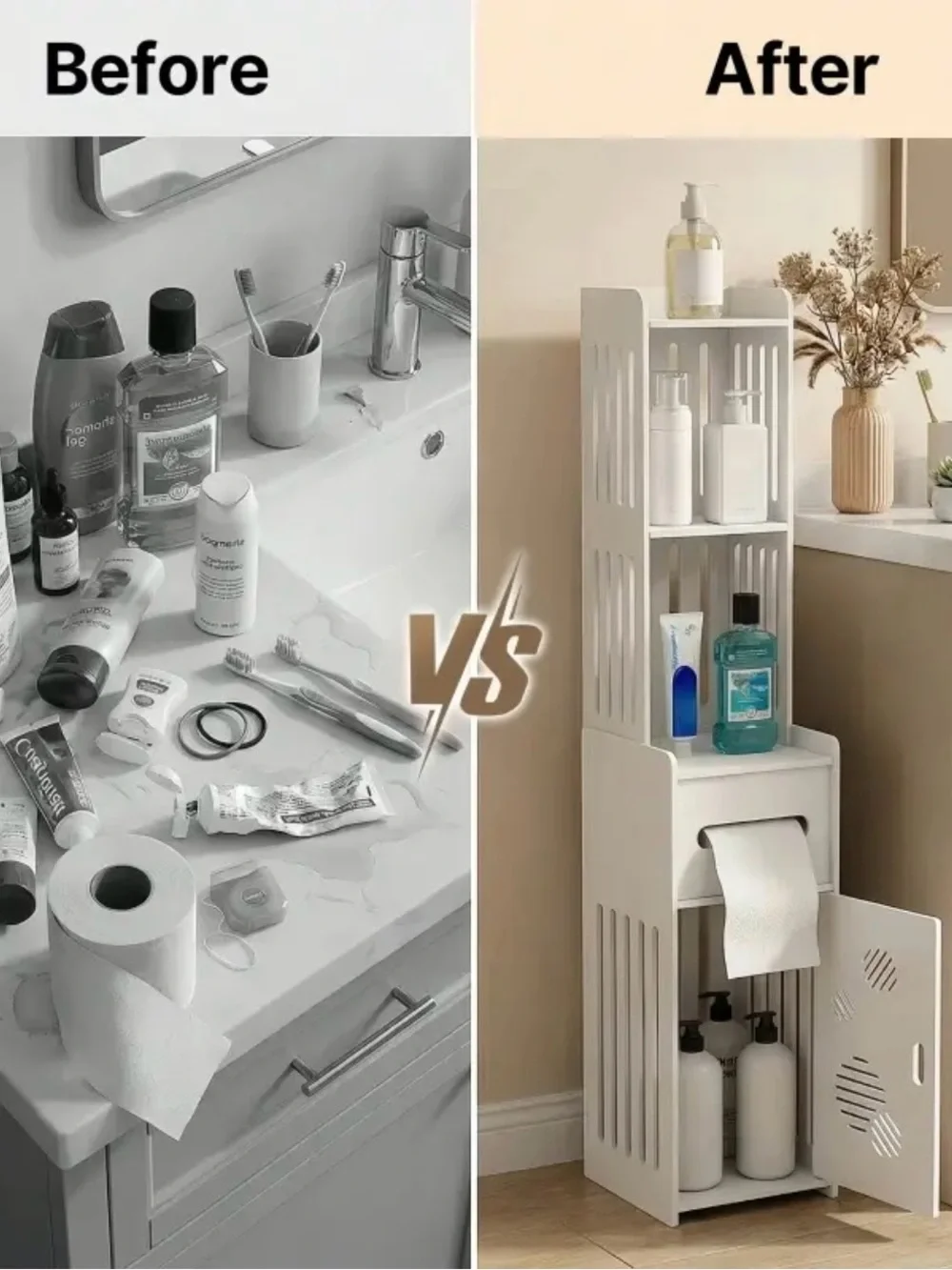 Slim White Bathroom Storage Tower with Shelves and Drawer - White